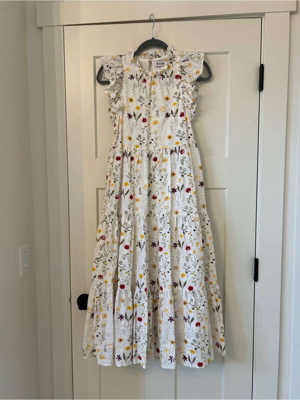 En Saison White Floral Tiered Maxi Dress with Red and Yellow Accents - Picture 1 of 6